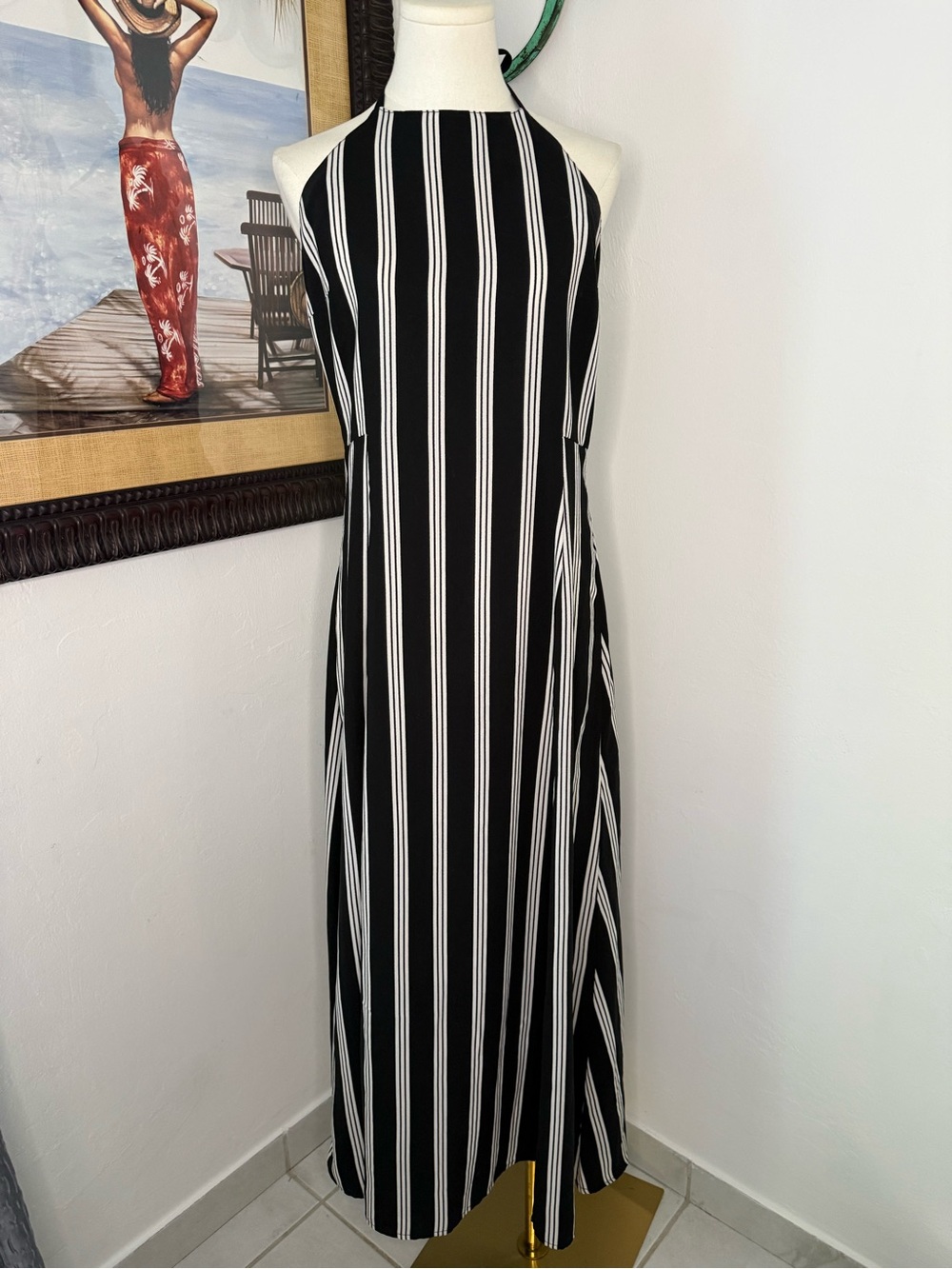 Superdry Black and White Vertical Stripe Halter Maxi Dress